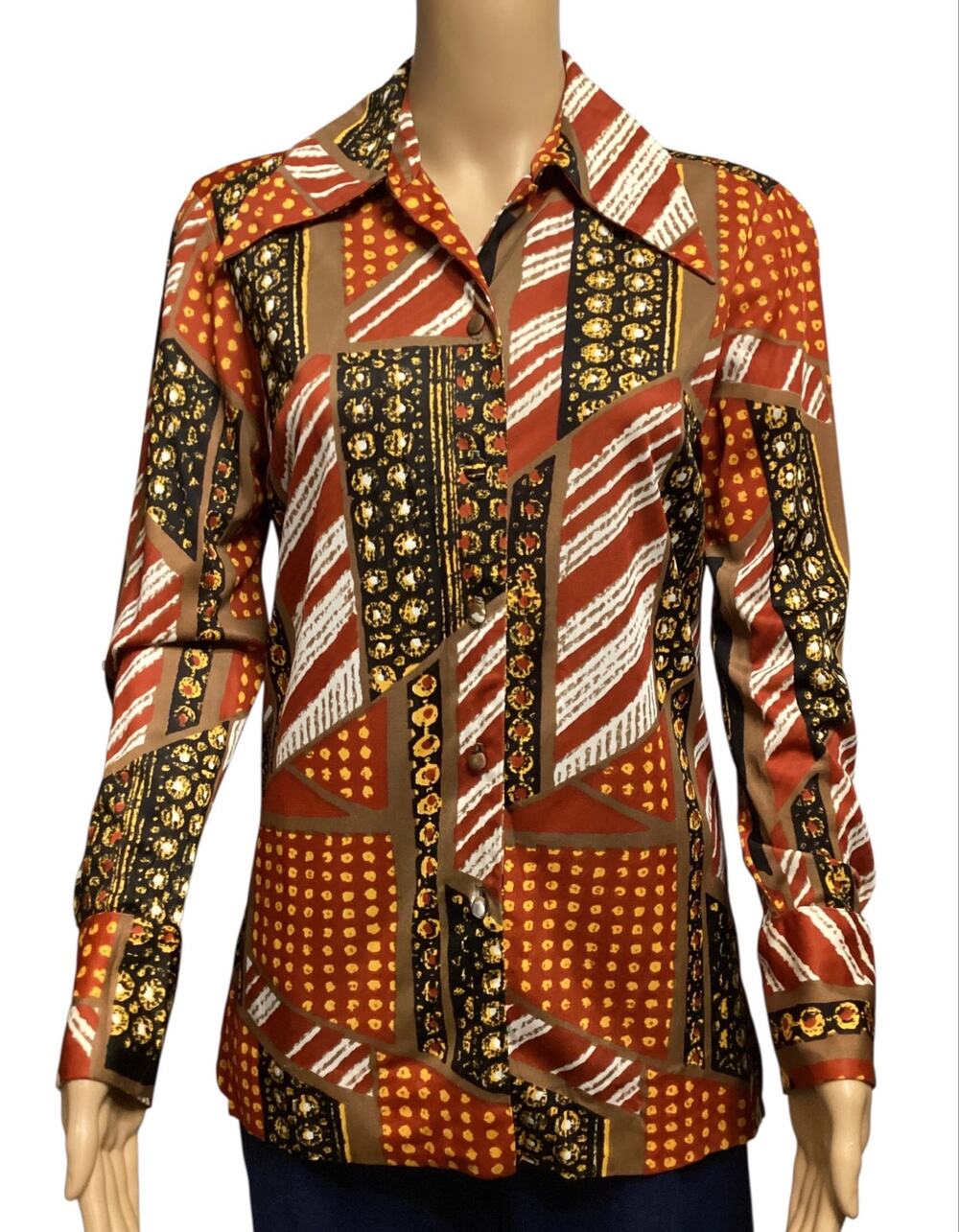 Vntg 70s Kay Silver Geometric Print Blouse Iconic Wide Dagger Collar Retro sz 14